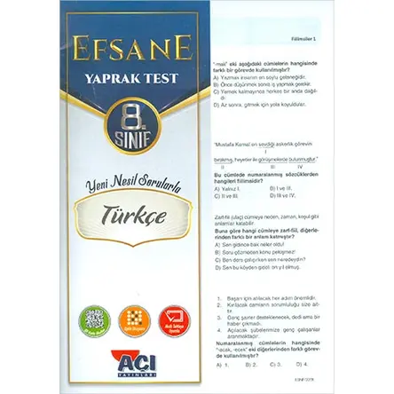 Açı 8.Sınıf Türkçe Efsane Yaprak Test