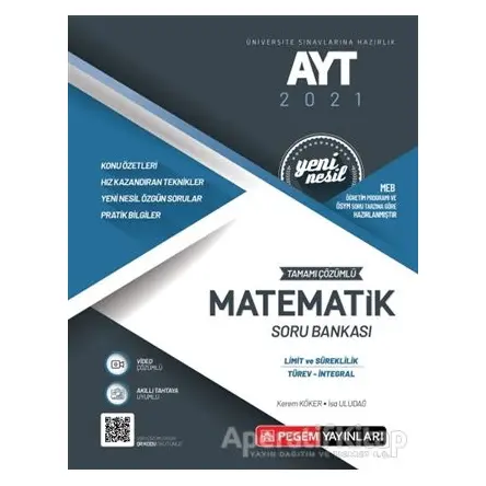 AYT 2021 Tamamı Çözümlü Matematik Soru Bankası Yeni Nesil (Limit ve Süreklilik-Türev-İntegral)