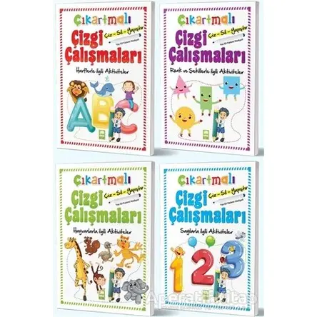 Çiz-Sil-Yapıştır Çıkartmalı Çizgi Çalışmaları Seti (4 Kitap Takım)