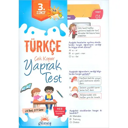 Güneş 3.Sınıf Türkçe Çek Kopar Yaprak Test