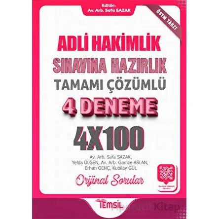 Adli Hakimlik Sınavına Hazırlık Tamamı Karekod Çözümlü 4 Deneme - Safa Sazak - Temsil Kitap