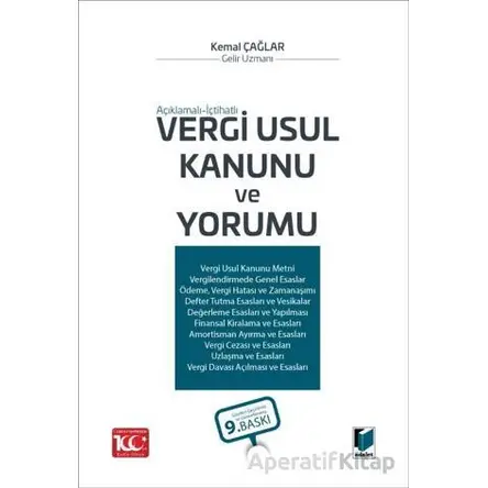 Vergi Usul Kanunu ve Yorumu - Kemal Çağlar - Adalet Yayınevi