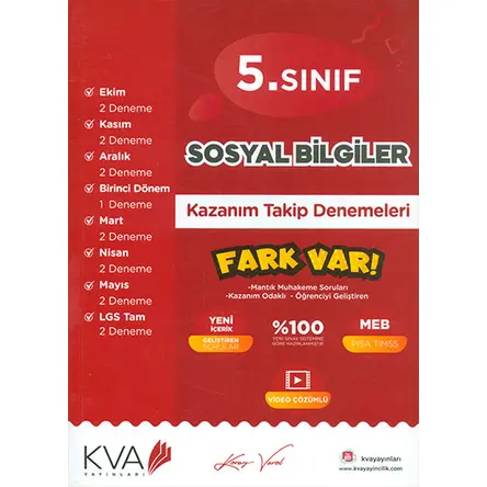 5.Sınıf Sosyal Bilgiler Kazanım Takip Denemeleri KVA Yayınları 2024 öncesi müfredat