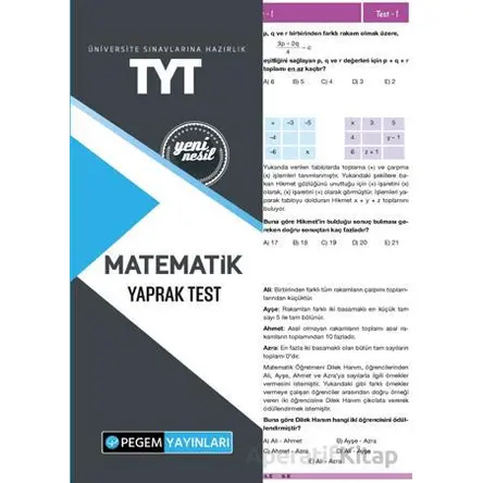 TYT Matematik Yaprak Test - Kolektif - Pegem Akademi Yayıncılık