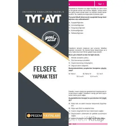 Tyt-Ayt Felsefe Yaprak Test - Kolektif - Pegem Akademi Yayıncılık