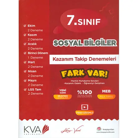 7. Sınıf Sosyal Bilgiler Kazanım Takip Denemeleri KVA Yayınları