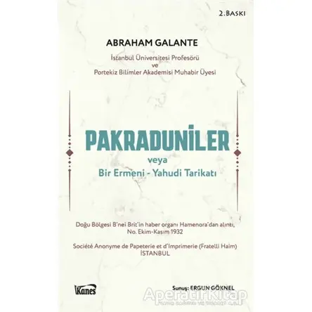 Pakraduniler veya Bir Ermeni-Yahudi Tarikatı - Abraham Galante - Kanes Yayınları