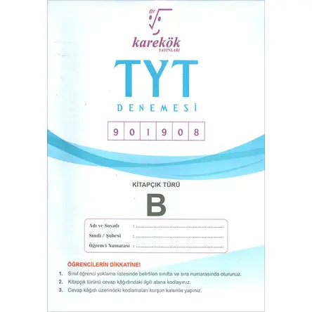 TYT Denemesi B Kitapçık 901908 Karekök Yayınları